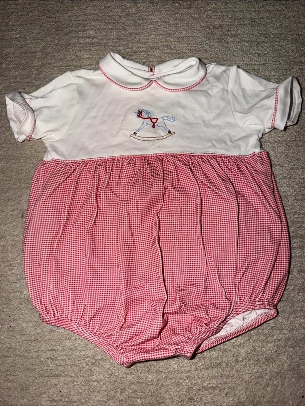 Pink Gingham Bubble Romper with Embroidered Rocking Horse